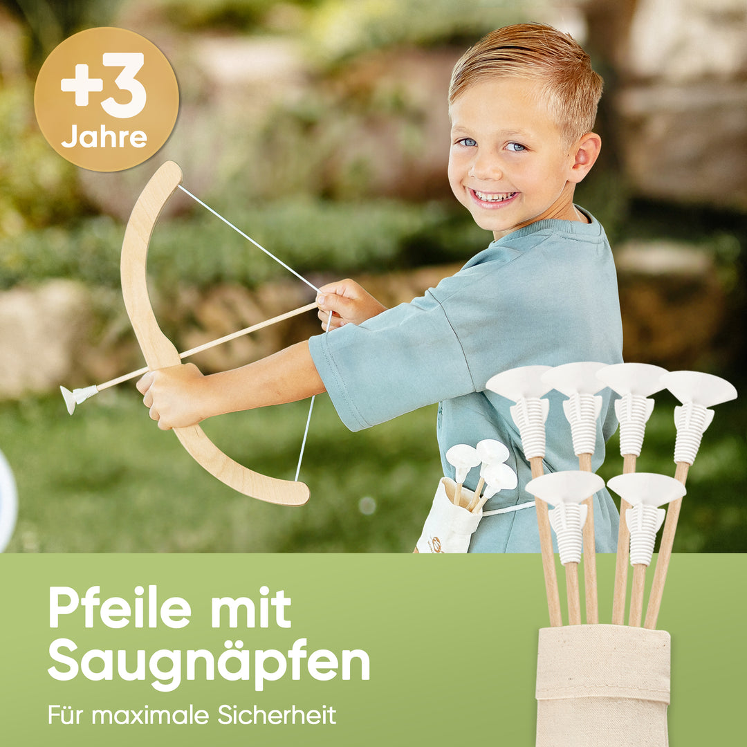 Wooden kids bow and arrow play set with suction cup arrows, quiver & target