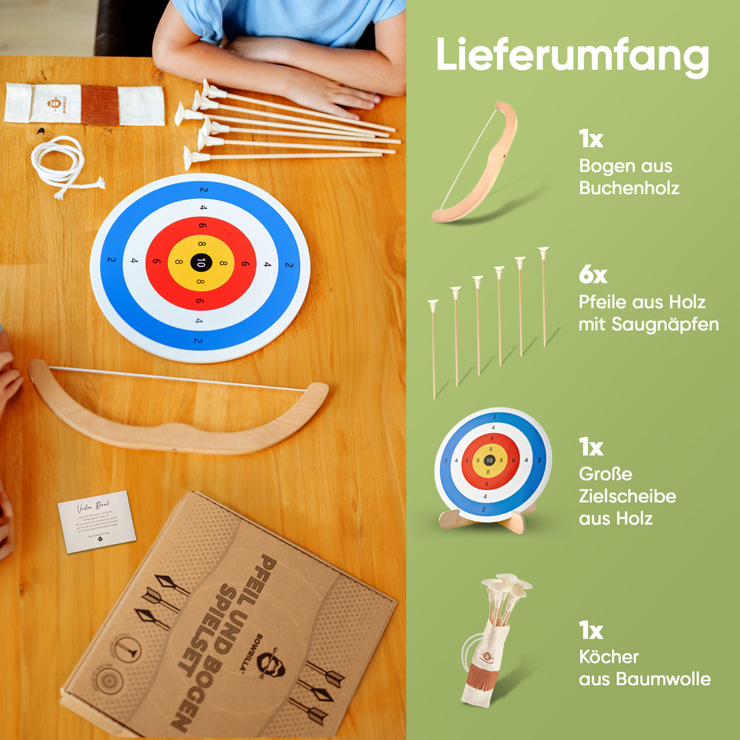 Wooden kids bow and arrow play set with suction cup arrows, quiver & target