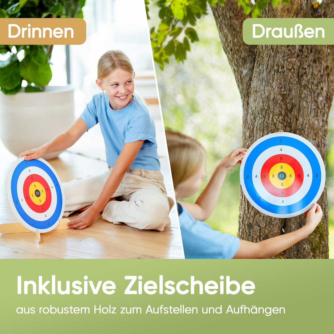 Wooden kids bow and arrow play set with suction cup arrows, quiver & target