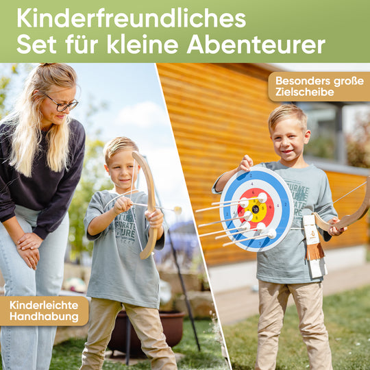 Wooden kids bow and arrow play set with suction cup arrows, quiver & target