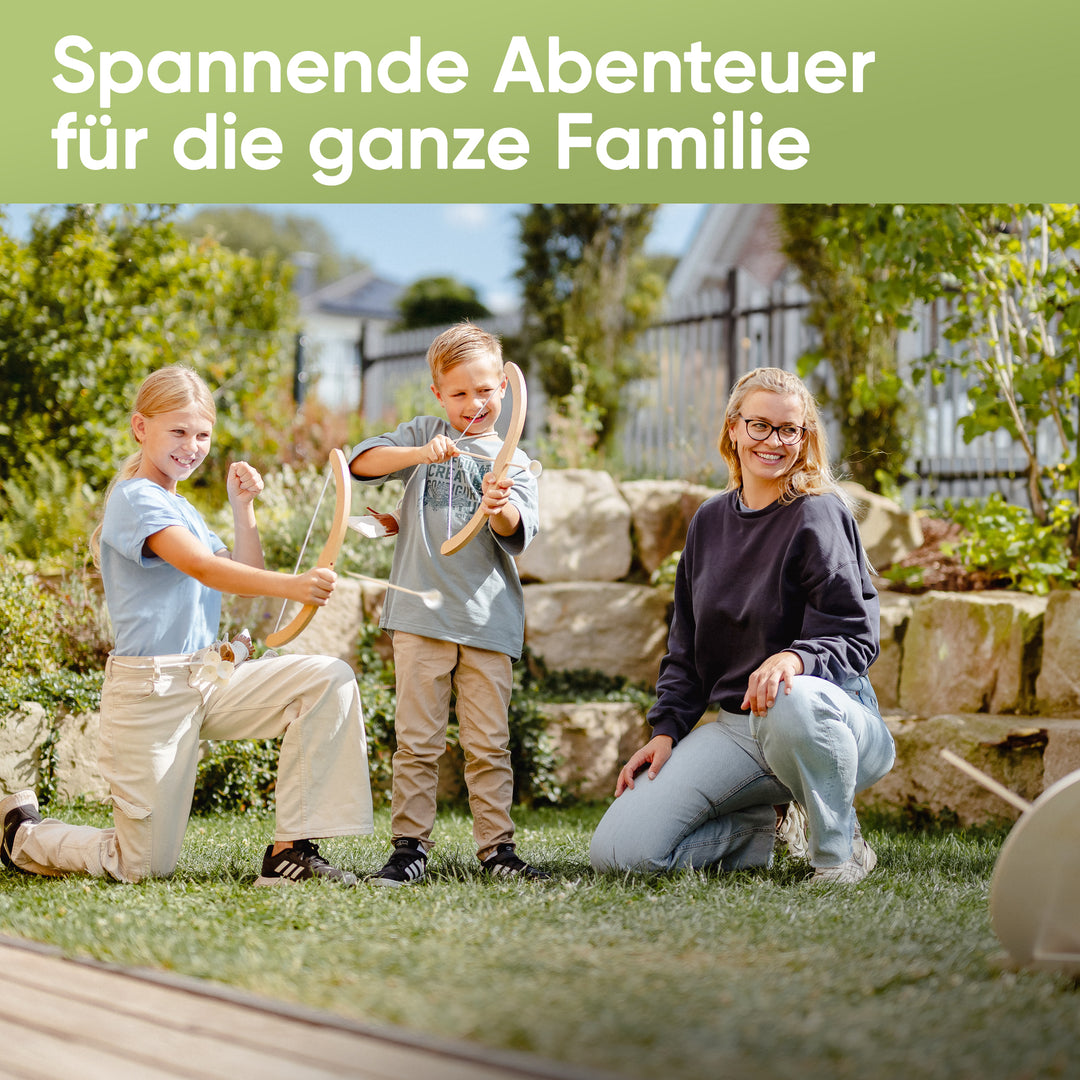 Wooden kids bow and arrow play set with suction cup arrows, quiver & target