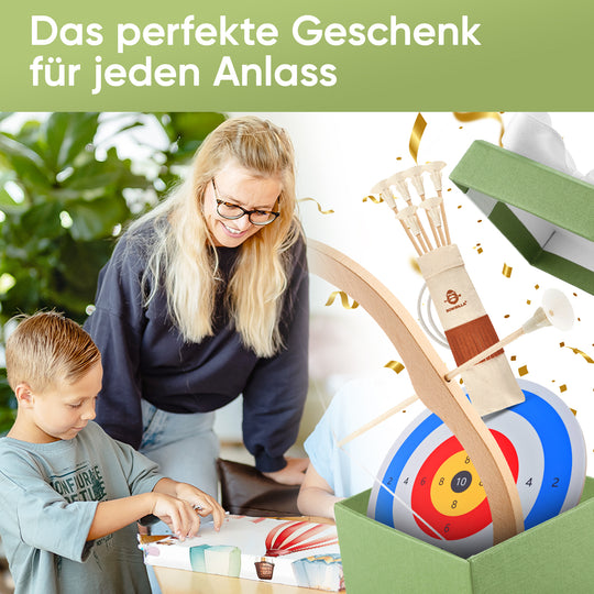 Wooden kids bow and arrow play set with suction cup arrows, quiver & target