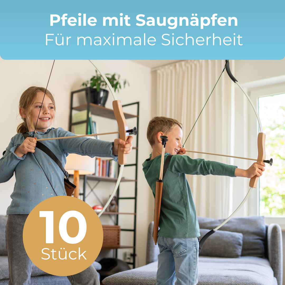 Set of 10 wooden arrows with suction cup, 52cm