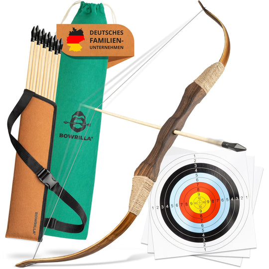 Titelbild Holzbogen Set mit 10 Pfeilen, Köcher, 3 Zielscheiben und Aufbewahrungstasche - BOWRILLA  #bogenlaenge_100cm
