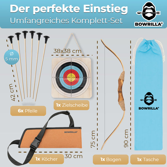 Holzbogen Set mit 6 Saugnapf-Pfeilen, Zielscheibe, Köcher und Tasche - BOWRILLA
