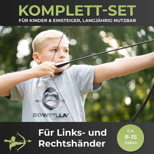 Sportbogen Set für Kinder mit 6 Carbon-Hybrid Pfeilen und 3 Zielscheiben - BOWRILLA