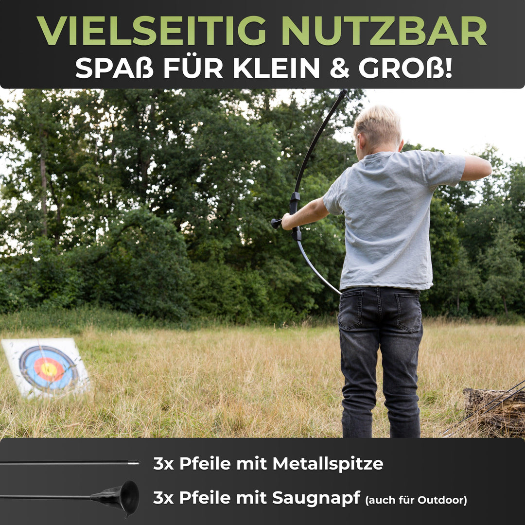 Sportbogen Set für Kinder mit 6 Carbon-Hybrid Pfeilen und 3 Zielscheiben - BOWRILLA