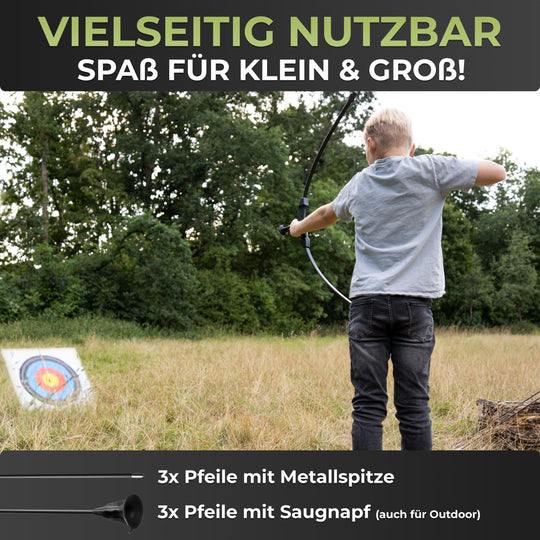 Sportbogen Set für Kinder mit 6 Carbon-Hybrid Pfeilen und 3 Zielscheiben - BOWRILLA
