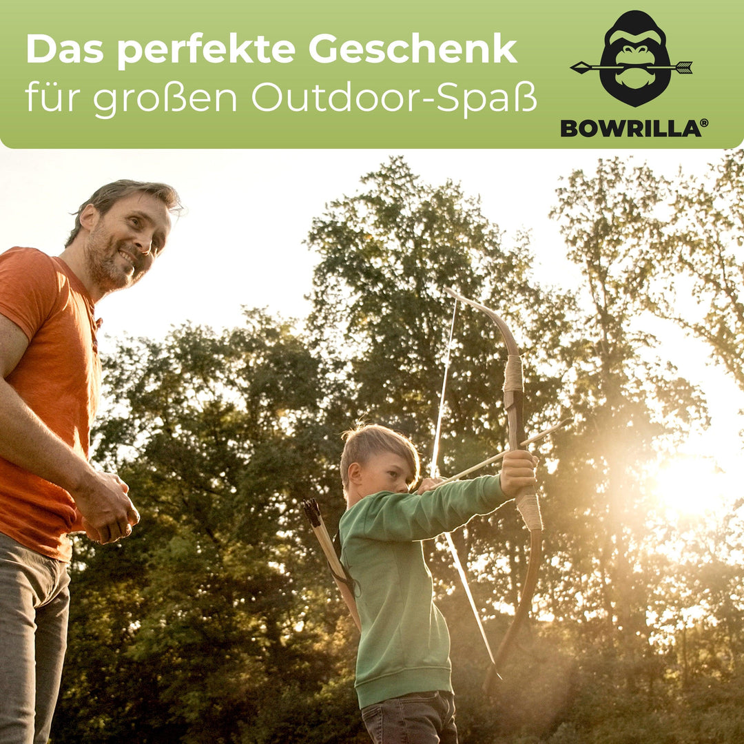 Holzbogen Set mit 10 Pfeilen, Köcher, 3 Zielscheiben und Aufbewahrungstasche - BOWRILLA - Das Perfekte Geschenk für großen Outdoor-Spaß #bogenlaenge_100cm