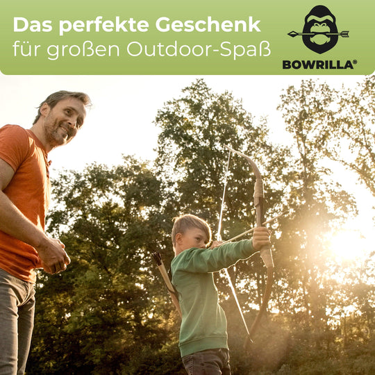 Holzbogen Set mit 10 Pfeilen, Köcher, 3 Zielscheiben und Aufbewahrungstasche - BOWRILLA - Das Perfekte Geschenk für großen Outdoor-Spaß #bogenlaenge_100cm