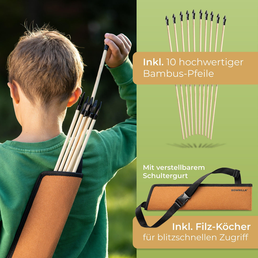 Holzbogen Set mit 10 Pfeilen, Köcher, 3 Zielscheiben und Aufbewahrungstasche - BOWRILLA Holzbogen Set mit 10 Pfeilen, Köcher, 3 Zielscheiben und Aufbewahrungstasche - BOWRILLA 
 #bogenlaenge_100cm