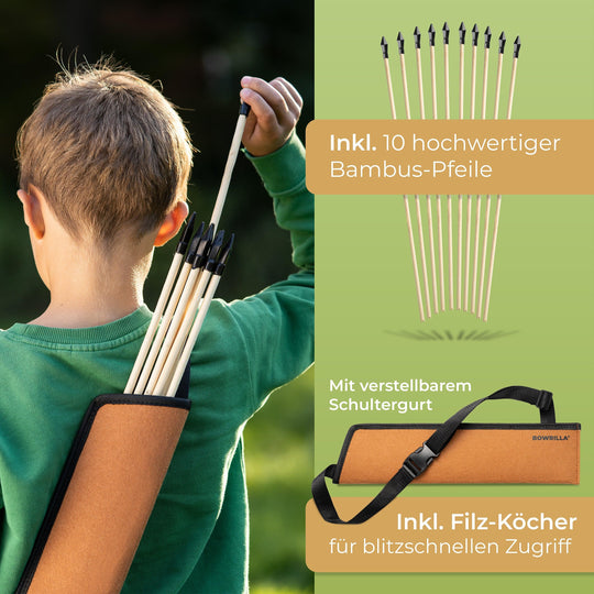 Holzbogen Set mit 10 Pfeilen, Köcher, 3 Zielscheiben und Aufbewahrungstasche - BOWRILLA Holzbogen Set mit 10 Pfeilen, Köcher, 3 Zielscheiben und Aufbewahrungstasche - BOWRILLA 
 #bogenlaenge_100cm