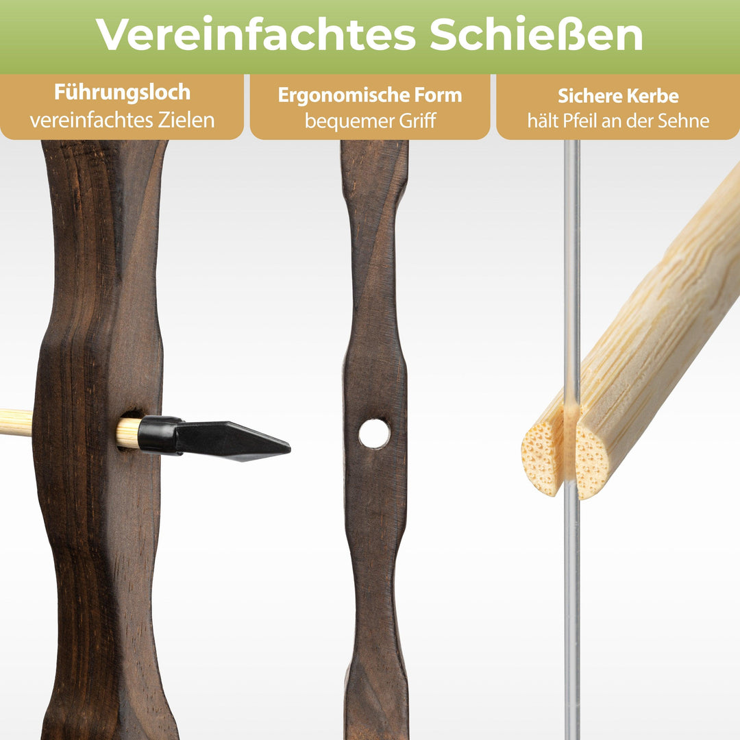 Holzbogen Set mit 10 Pfeilen, Köcher, 3 Zielscheiben und Aufbewahrungstasche - BOWRILLA Holzbogen Set mit 10 Pfeilen, Köcher, 3 Zielscheiben und Aufbewahrungstasche - BOWRILLA#bogenlaenge_85cm