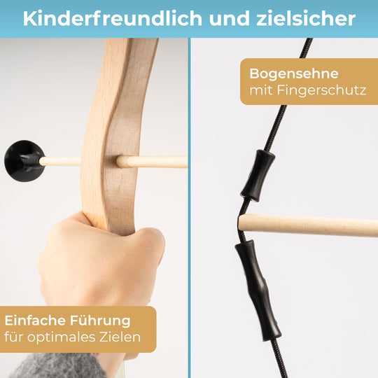 Takedown Kinderbogen – Fiberglas & Holz, mit Saugnapfpfeilen, Köcher & Zielscheibe