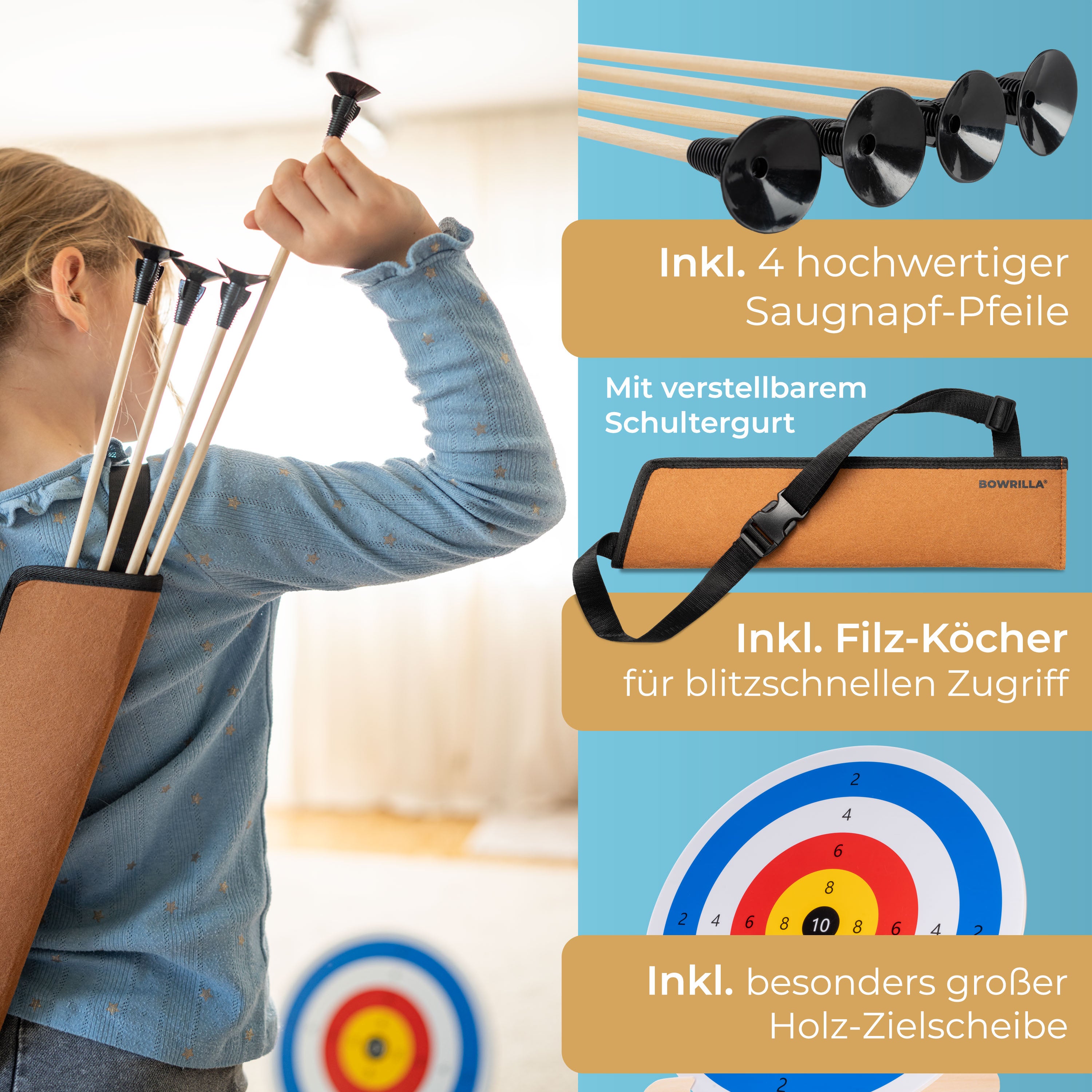 Kinderbogen-Set Mit Zielführungsloch | 80 Cm Bogen + 3 Saugnapfpfeile + Köcher + Zielscheibe