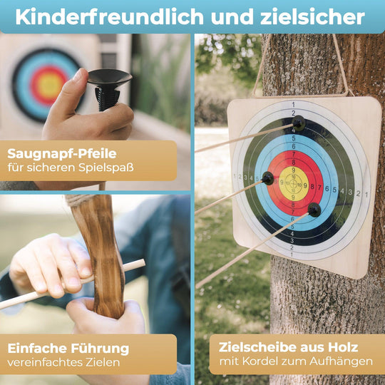 Holzbogen Set mit 6 Saugnapf-Pfeilen, Zielscheibe, Köcher und Tasche - BOWRILLA