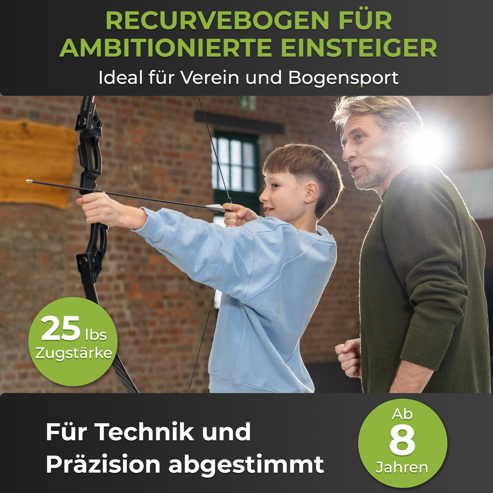 Recurvebogen Set für Einsteiger ab 8 Jahren, 25 lbs, 6 Carbon-Hybrid Pfeile & 3 Zielscheiben