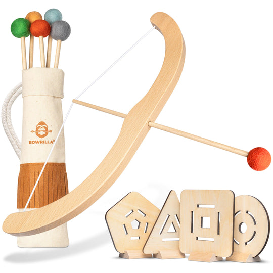 Pfeil und Bogen Kinder Holzspielzeug mit 5 Pfeilen, Köcher und 4 Zielscheiben - BOWRILLA